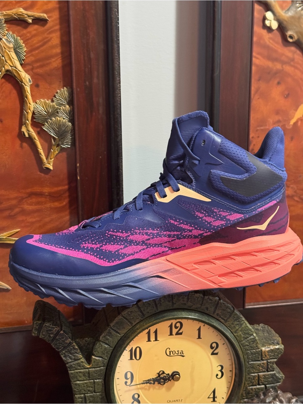 Hoka women Navy Blue with Pink and Coral Trail Shoes